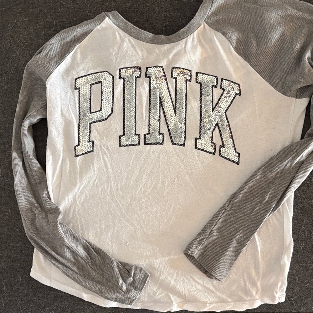 PINK Victoria's Secret Sequin Logo Women's Gray and White Jersey Top